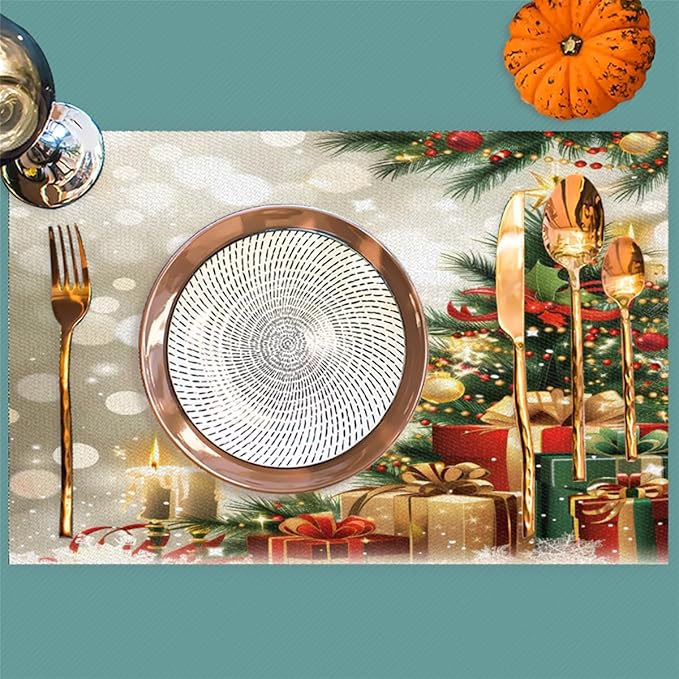 Xmas Christmas Tree Green Placemats Set of 1 PVC Vinyl Non Slip Table Mats Heat Resistant Place Mats Washable Wipeable Dining Table Mat for Kitchen Decor Party Indoor Outdoor Decorative Gift