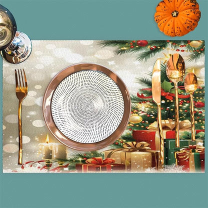 Xmas Christmas Tree Green Placemats Set of 1 PVC Vinyl Non Slip Table Mats Heat Resistant Place Mats Washable Wipeable Dining Table Mat for Kitchen Decor Party Indoor Outdoor Decorative Gift