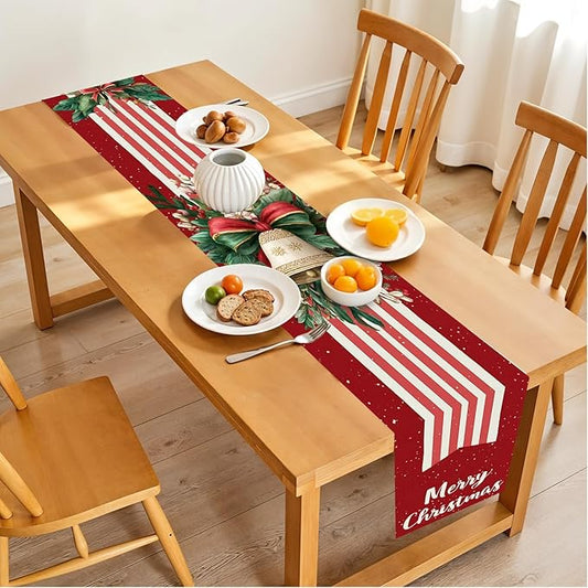 Christmas Table Runner– Elegant Merry Christmas Design with Golden Bell, Greenery & Red Bow, Festive Holiday Table Decoration for Dining Table, Kitchen & Home Décor