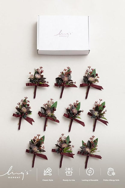 Ling's Moment Boutonniere for Men, 10pcs Groomsmen Guest Boutonniere, Artificial Flowers for Wedding Décor/Prom/Homecoming,etc.Black Baccara Burgundy