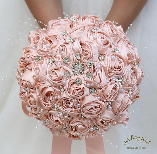 Bridal Wedding Bouquet Round Bling Brooch Bouquet Throw Toss Artificial Rose Flower Bunch for Bride Bridesmaid Wedding Quinceanera(Peach Pink, 7.5")