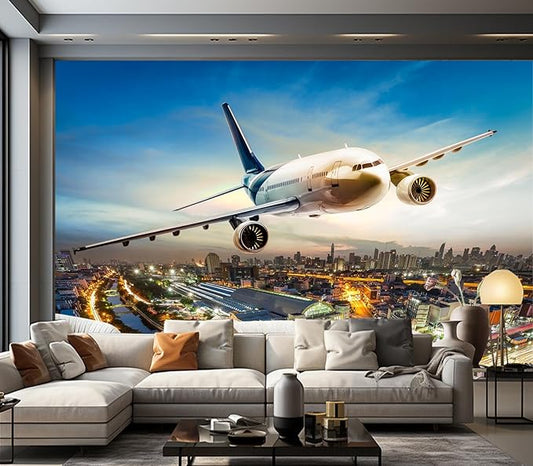 Cliouar-Airplane Flying Over The Night City Wall Mural Wallpaper Peel and Stick 90" x 67"