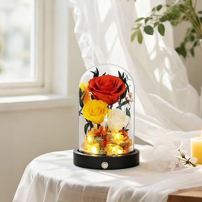 Christmas Flowers Gifts for Women Mom Preserved Roses in Glass Dome, Forever Flowers for Delivery Prime, Real Rose Valentines Day Anniversary Birthday Gifts For Her Mother Wife Grandma Orange