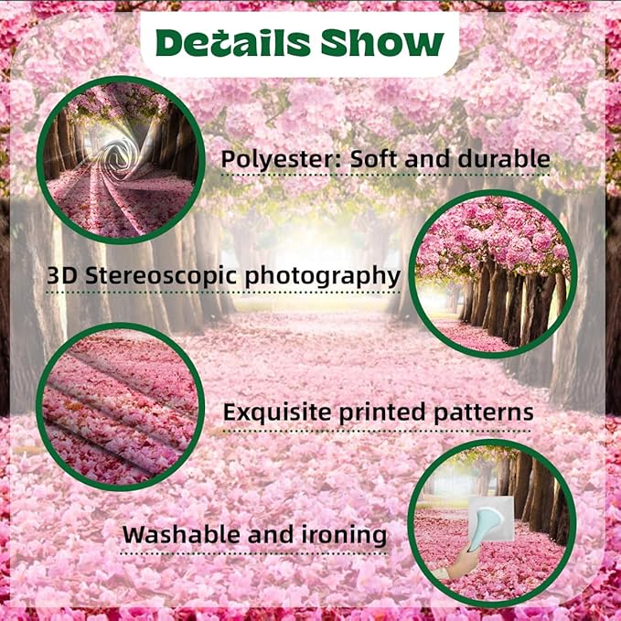 10x8ft Spring Pink Flower Trees Cherry Blossom Floral Petal Romantic Mother's Day Photography Background for Wedding Women's Day Baby Shower Spring Tea Party Decor