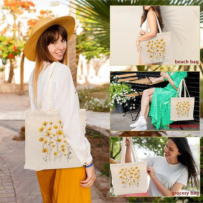 Aesthetic Floral Canvas Tote Bag for Women with Pocket, Tote Bags for Grocery Shopping Work Gym Christmas Birthday