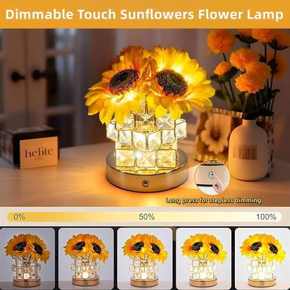 Sunflowers Flower Lamp,Rechargeable Cordless Touch Table Lamp for Bedroom,3-Colour Dimming Small Night Light,Crystal Bedside Lamps with USB Charge,Birthday Christmas Gifts for Women,Mom (Sunflowers)