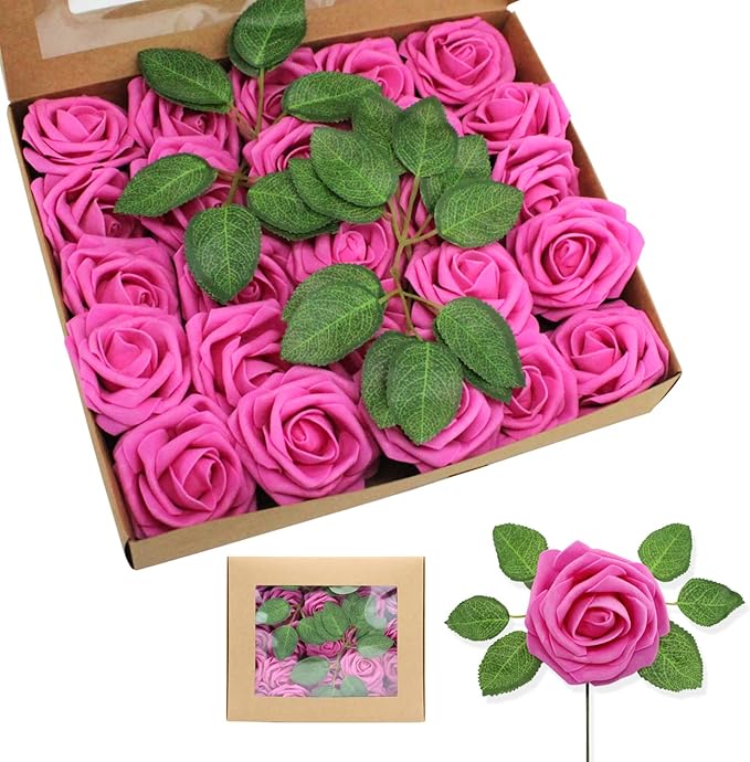 Artificial Roses Flowers 100pcs Fuschia Real Looking Foam Fake Roses with Stems for DIY Wedding Bouquets Bridal Shower Centerpieces Party Decorations (100, Rose Red)
