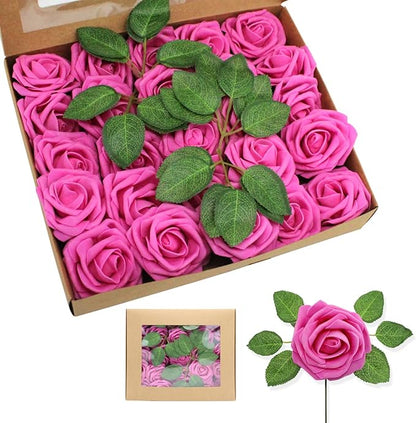 Artificial Roses Flowers 100pcs Fuschia Real Looking Foam Fake Roses with Stems for DIY Wedding Bouquets Bridal Shower Centerpieces Party Decorations (100, Rose Red)