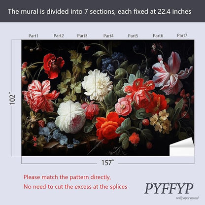 PYFFYP- Dark Floral Wallpaper Peony Wall murals for Bedroom(Not Peel and Stick)
