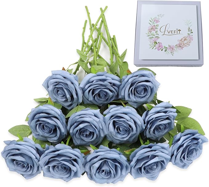 Artificial Rose Flower Dusty Blue Flowers Dusty Blue Roses Silk Flowers 12 pcs with Long Stem Silk Roses Bouquet for Wedding Bridal Shower Party Home Decoration