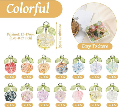 Beadthoven 28pcs Crystal Glass Rose Flower Charms 14 Colors Glass Flower Pendants Mini Rose Dangle Charms Jewelry Making Findings for DIY Earrings Bracelets Necklaces Women