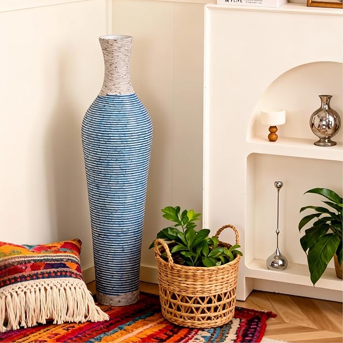 39-Inch Tall Vintage Floor Vase - Premium PVC Rattan Weave, Large Blue and White Striped Standing Vase, Flower Holder for Home Decor (Blue)