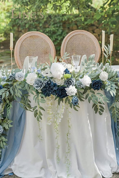 Ling's moment 9FT Spring Flower Garland- Wedding Arch Flowers for Backdrop Decoration, Eucalyptus & Rose, Artificial Floral Garland for Mantle - Sweetheart Head Table Decor for Reception, Dusty Blue
