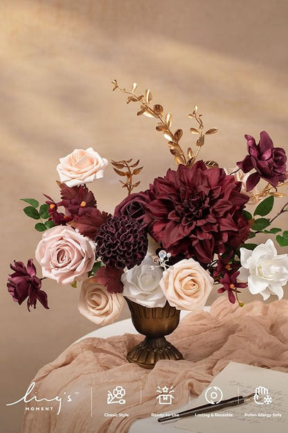 Ling's moment Fake Flowers Box, Faux Artificial Greenery Stems Foam Roses Gardenia Silk Dahlia Fabic Flower for Centerpieces Bouquet Wedding Vase Decorations, Marsala & Soft Peach, Grand Combo