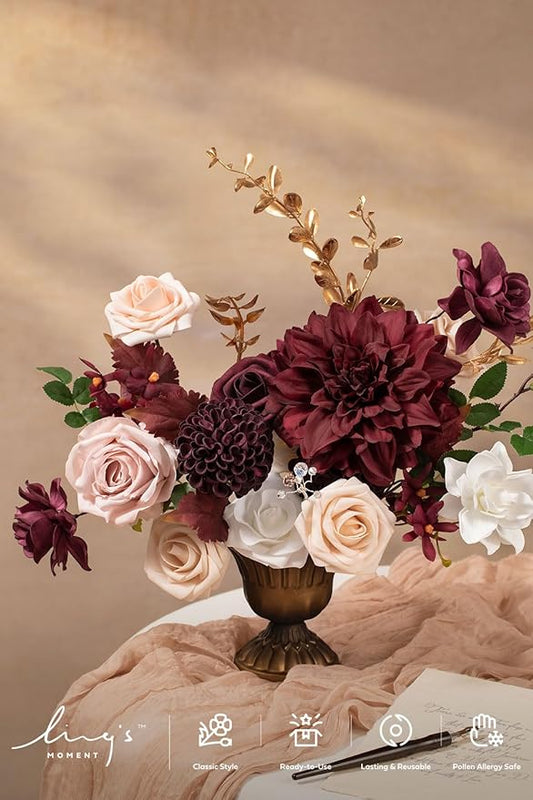 Ling's moment Fake Flowers Box, Faux Artificial Greenery Stems Foam Roses Gardenia Silk Dahlia Fabic Flower for Centerpieces Bouquet Wedding Vase Decorations, Marsala & Soft Peach, Grand Combo