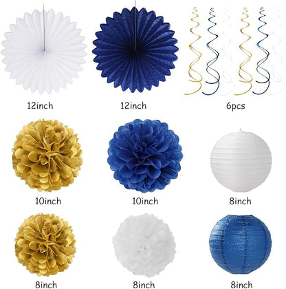Royal-Navy Blue White Happy-Birthday Party-Decorations - 31pcs Men Women Boys Girl Paper Lanterns Streamers Banner,Gold Tissue Flowers Pom Poms Fans Tassels Graland Decor Supplies Hugmoon