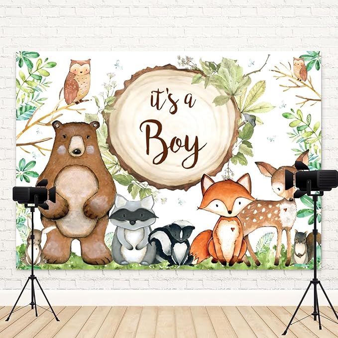 12x8ft Woodland Baby Shower Backdrop It's a Boy Photography Background Jungle Green Grass Leaves Animals Bear Fox Deer Baby Boys Party Banner Decorations Newborn Portrait Photo Booth Prop