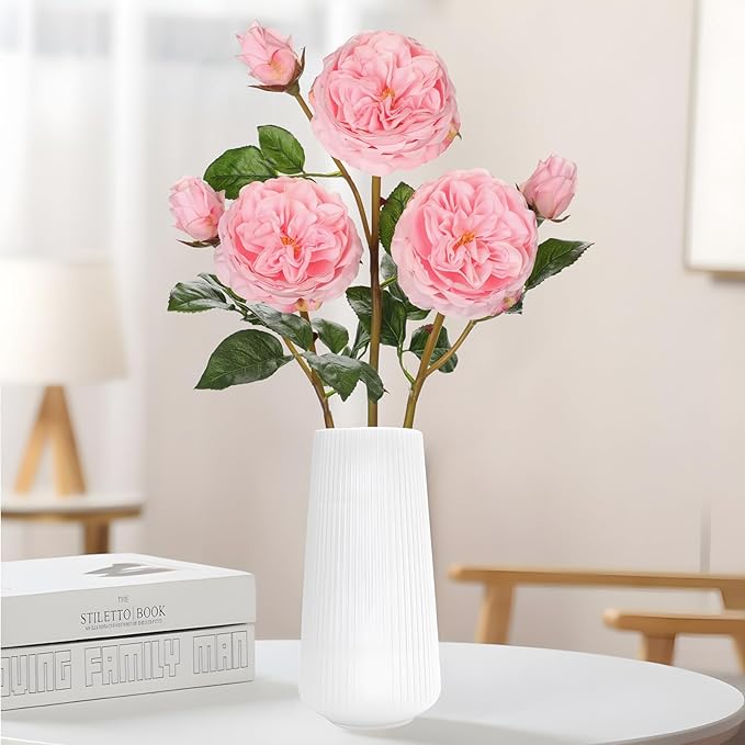 Real Touch Artificial Roses (Set of 3) – 23.6" Long Stem Pink Garden Roses – Lifelike Faux Silk Flowers for Wedding Bouquets, Home Décor, Centerpieces & Floral Arrangements