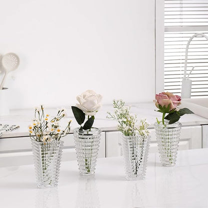 MCMCNCUIU Crystal Flower Vase Set of 4, Glass Vases for Centerpieces, Clear Vases for Flowers, Small Vase for Living Room, Bedroom, Kitchen, Office, Wedding