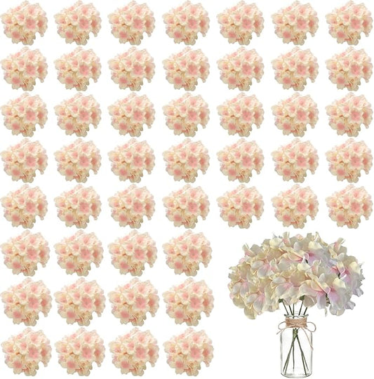 WEISPARK 100PCS Artificial Hydrangea Flowers, Fake Flowers Silk Hydrangea Full Flowers Heads with Stems for Wedding Home Party Shop Baby Shower Decor (Pink Beige)