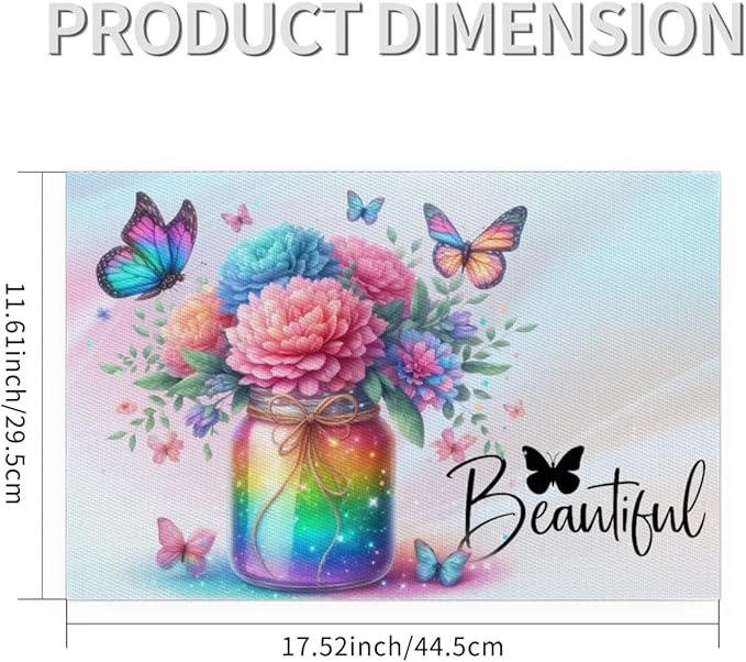 PVC Placemats Set of 4 Rainbow Flower Butterfly Wipeable Table Mats Washable Heat Resistant Non Slip Vinyl Dining Table Mat for Kithen Indoor Outdoor Patio Farmhouse Place Mats Decorative