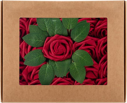 Cliselda 100Pcs Red Fake Roses Artificial Flowers with Stems, Valentine's Day Gifts, Real Touch Foam Rose Bulk Faux Flowers for Wedding Bouquets Centerpieces Flower Arrangement