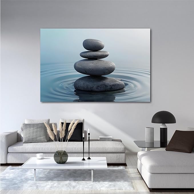 Zen wall art Harmonious grey stones stacked on a calm surface of water Serene Zen decor suitable for tranquil homes and spaces of meditation 28x40in Frameless
