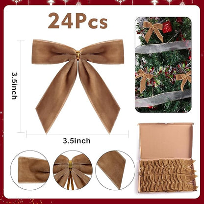 24 Pcs Champagne Brown Small Velvet Christmas Bows for Christmas Tree, Wreath, Gift Wrapping, Crafts, Wedding, Party, Twist Tie Bows for Treat Bag Bakery Candy Bags 1" W,3.5 x 3.5 inch