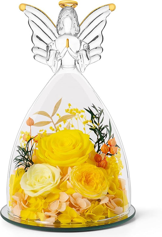 RoseValley Angel Roses Gifts for Mom,Preserved Real Flowers Roses in Glass Angel Figurines,Christmas Birthday Gifts for Grandma Women Mom Wife Mother in Law/Yellow