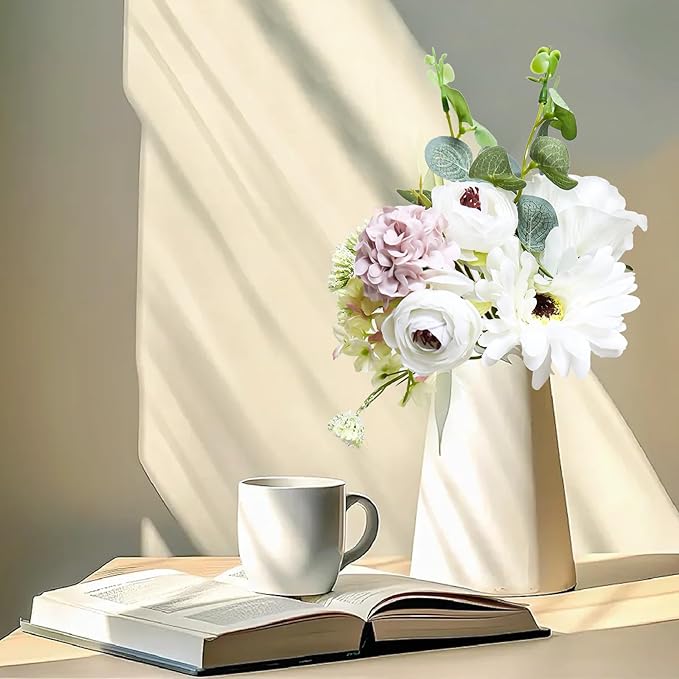 Zerzsy Artificial White Peony Flower Bouquet with Green Leaves Stem, 4pcs Stems Silk Flowers Bouquet Fake Peonies Flower Arrangements Vase Decorating for Centerpiece Table Wedding Party Home