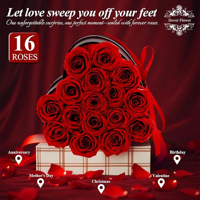 16 Forver Preserved Flowers in a Heart Box, Flowers for Her,Eternal Roses Flowers for Delivery Prime, Flowers Birthday Gifts for Women Mom Grandma Wife - Red