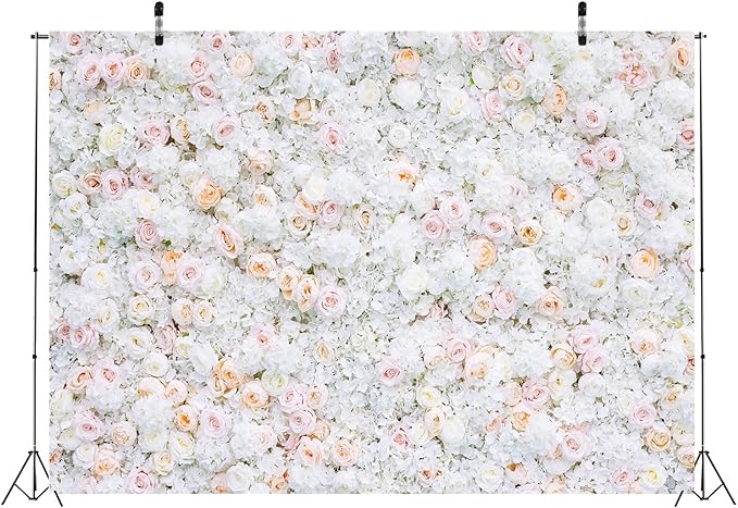 BELECO 10x8ft Fabric Flower Wall Backdrop Pink White Roses Flowers Floral Wall Background Backdrop Valentine's Day Party Engagement Newborn Baby Shower Birthday Wedding Photoshoot Studio Props