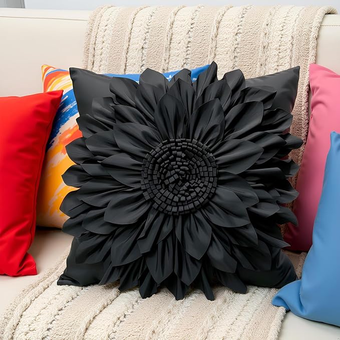 Bella's Giftshop Black Decorative Throw Pillow Covers 18x18 Inch for Bed Sofa Couch, Handmade 3D Accent Sunflower Floral Pillowcase, Living Room Decor