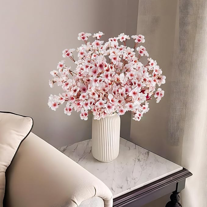 24 Pcs Artificial Cherry Blossom Flowers 18" Faux Silk Cherry Blossom Stems Fake Real Touch Peach Branches for Wedding Home Garden Japanese Decor Light Pink