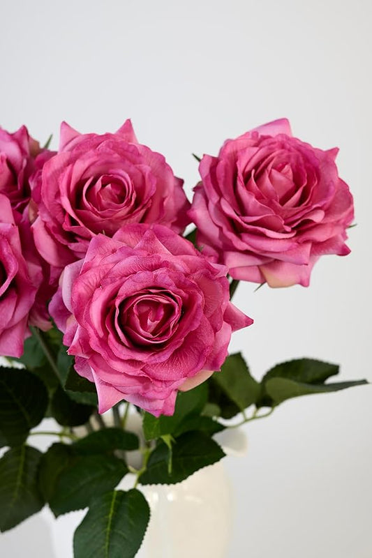 Real Touch Artificial Roses 6pcs, Floyd Roses,17.3”Faux Silk Roses Bouquet for Home Decor, Wedding Centerpieces, Romantic Gifts & Party Arrangements, Fuchsia Realistic Flowers (Pink)
