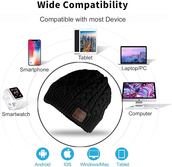 Wireless Music Hat Beanie for Men Women Wireless Headset Headphones Audio Boys Girls Winter Cap with Speaker Mic Hands Free Outdoor Sport Stereo Earphone Earpieces Warm Black