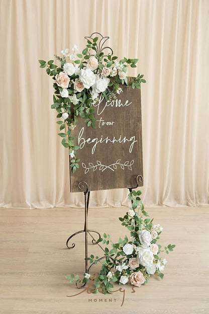 Ling's Moment 2pcs Wedding Flowers Garland Artificial Floral Swag Arch Decorations Rose Greenery Arrangements White & Sage Ceremony Reception Garden Easel Wall Entryway Outdoor board(NOT Include Sign)