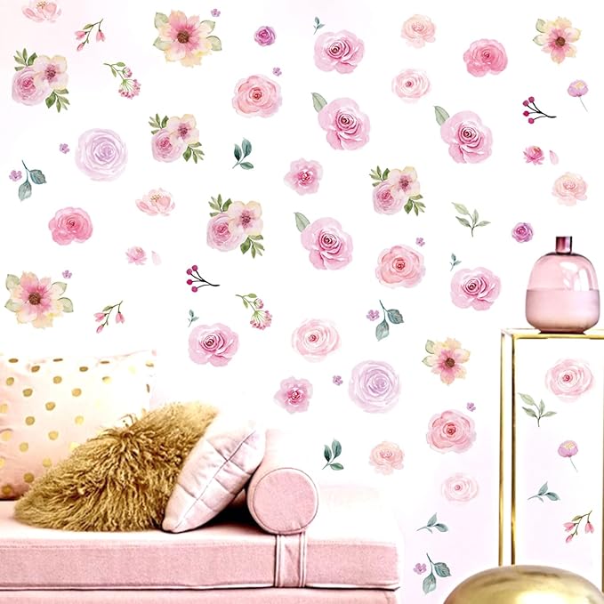 Floral Wall Decals Peel and Stick | 60PCS Watercolor Peony Flower & Leaves Stickers | Removable Vinyl Wall Art for Girls Bedroom, Nursery, Living Room | Pastel Home Decor