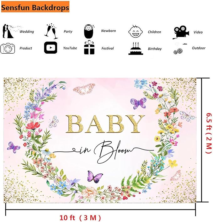Sensfun Baby in Bloom Backdrop Banner Girls Wildflower Baby Shower Decorations,Pink Floral Butterfly Gold Glitter Photography Background Wildflowe Baby Shower Newborn Party Photo Booth Props 10x6.5ft