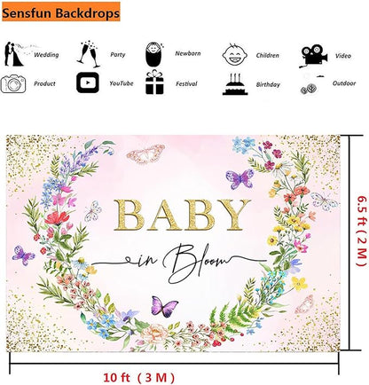 Sensfun Baby in Bloom Backdrop Banner Girls Wildflower Baby Shower Decorations,Pink Floral Butterfly Gold Glitter Photography Background Wildflowe Baby Shower Newborn Party Photo Booth Props 10x6.5ft