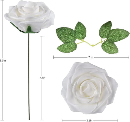 Artificial Flower Foam Rose 25pcs Real Looking Fake Rose with Stems Leaves for Home Decoration Party Garden Centerpieces DIY Wedding Bouquets（White）