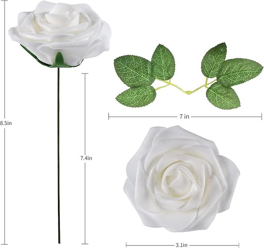 Artificial Flower Foam Rose 25pcs Real Looking Fake Rose with Stems Leaves for Home Decoration Party Garden Centerpieces DIY Wedding Bouquets（White）