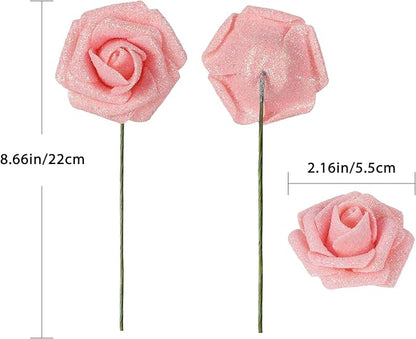 Glitter Roses Artificial Flowers 30 PCS Foam Roses 2.17 in Foam Flowers Glitter Flowers with Stem Fake Flowers for DIY Wedding Bridal Bouquet Party Centerpieces Decor(Peach)