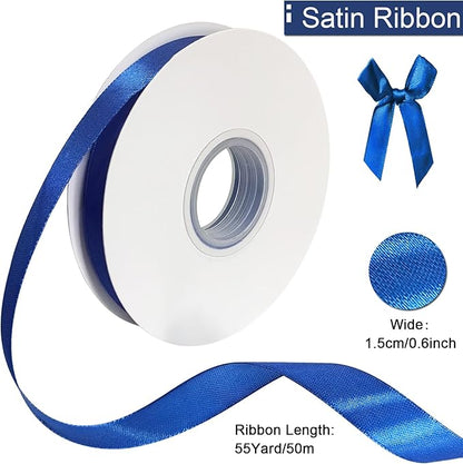 Blue Satin Ribbon 3/5 inch x Continuous 55 Yards Royal Blue Ribbons for Crafts Gift Wrapping Bow Wedding Decoration, Blue Ribbon for Flower Bouquet Christmas Halloween Party