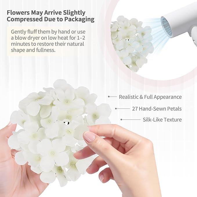 64PCS Artificial Hydrangea Flowers with Stems, Silk Hydrangea Heads with LED Decorative Lights, Crystal Strings & Butterfly Accents for Wedding Centerpieces and Home Decor(64, Ivory)