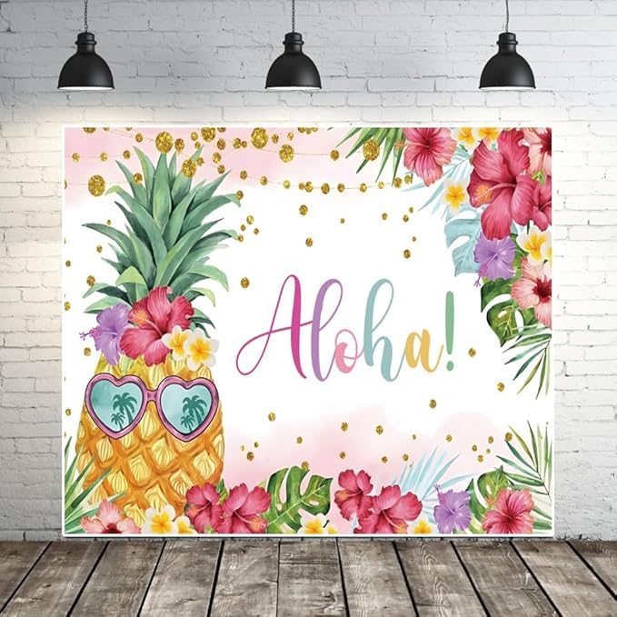 Summer Aloha Luau Party Backdrop 10x8ft, Hawaiian Palm Leaves Floral Pineapple Banner Happy Birthday Photo Photography Supplies