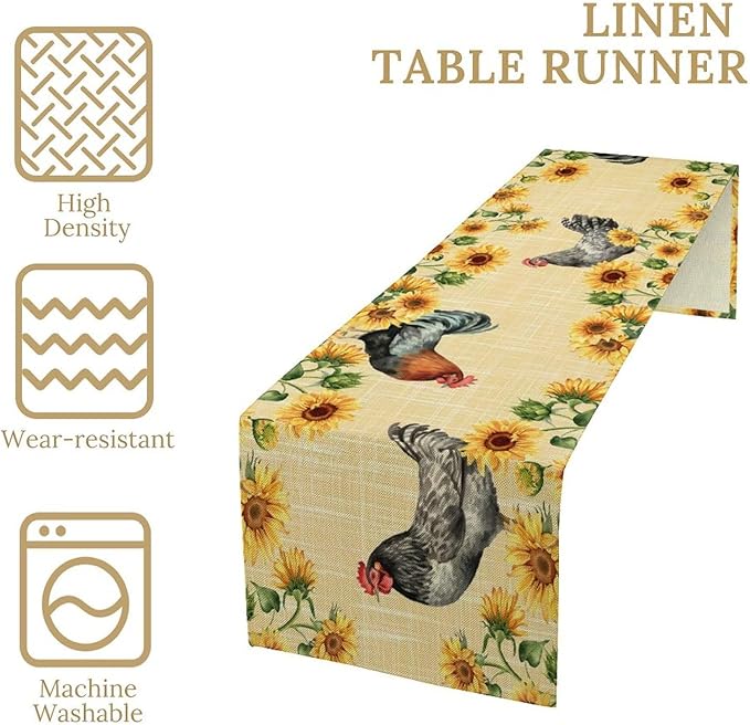 Rooster Sunflower Table Runner Vintage Farm Chicken Flower Dinner Runner for Country Farmhouse Home Kitchen Dinner Table Party Decoration 13x120in