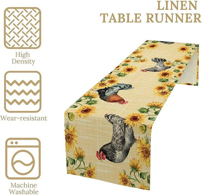 Rooster Sunflower Table Runner Vintage Farm Chicken Flower Dinner Runner for Country Farmhouse Home Kitchen Dinner Table Party Decoration 13x120in