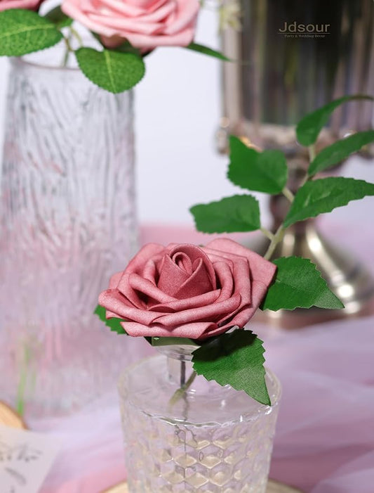 50pcs Artificial Flower，Real Touch Foam Roses w/Stem DIY for Wedding Bouquet Centerpieces Party Shower Home Decor-Shabby Rose Pink