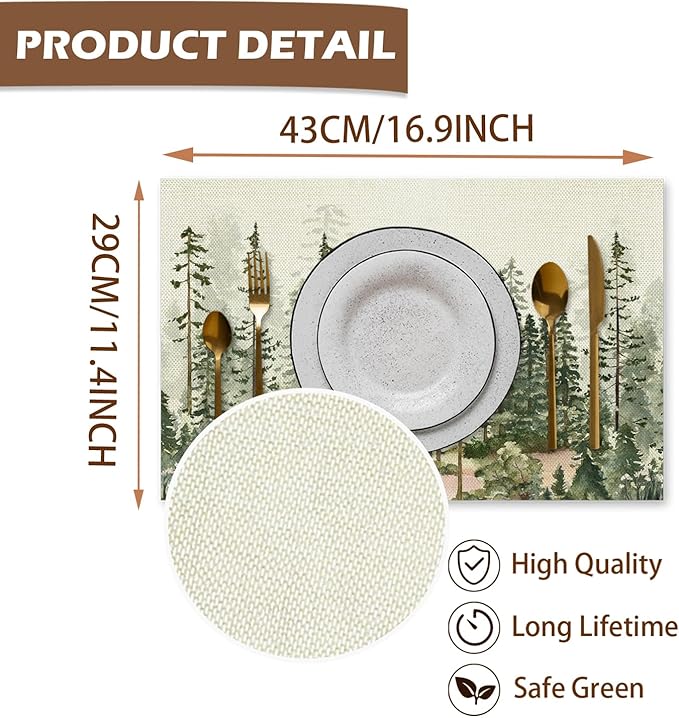 Rustic Forest Trees Placemats Set of 4, Misty Woodland Nature Table Mats Place Mats for for Kitchen Dining Table Decoration 16.9x11.4 Inch